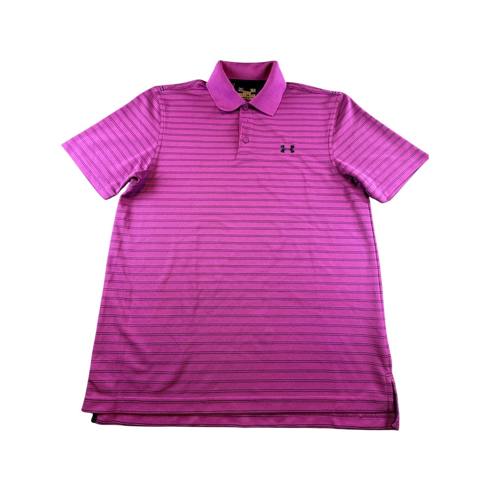 Under Armour HeatGear Mens Large Purple Striped Loose Fit Golf Polo Shirt